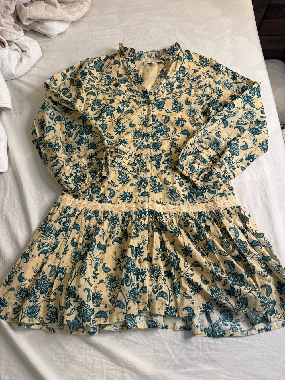 Floral Peasant Dress - Cream with Teal Floral Print